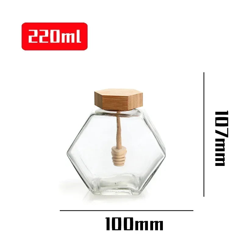 Frasco De Vidro Hexagonal Com Agitando Dipper, Tampa De Madeira De Bambu, Recipiente De Mel Hexagonal, Tampa De Ferro Garrafa De Armazenamento, 100ml 380ml