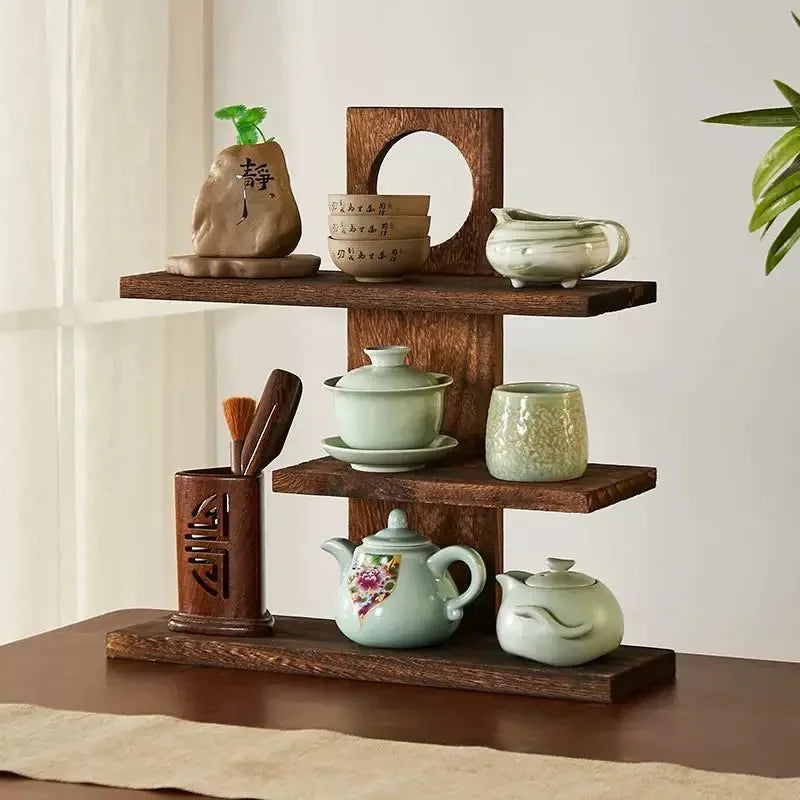 Elegante Rack de Chá em Madeira Sólida para Decoração