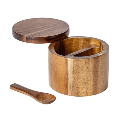 Adega de Sal de Madeira de Acácia com Tampa Giratória e Colher