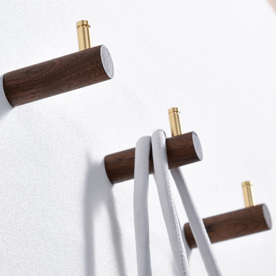 Gancho Decorativo de Madeira e Latão para Parede - 3 Unidades