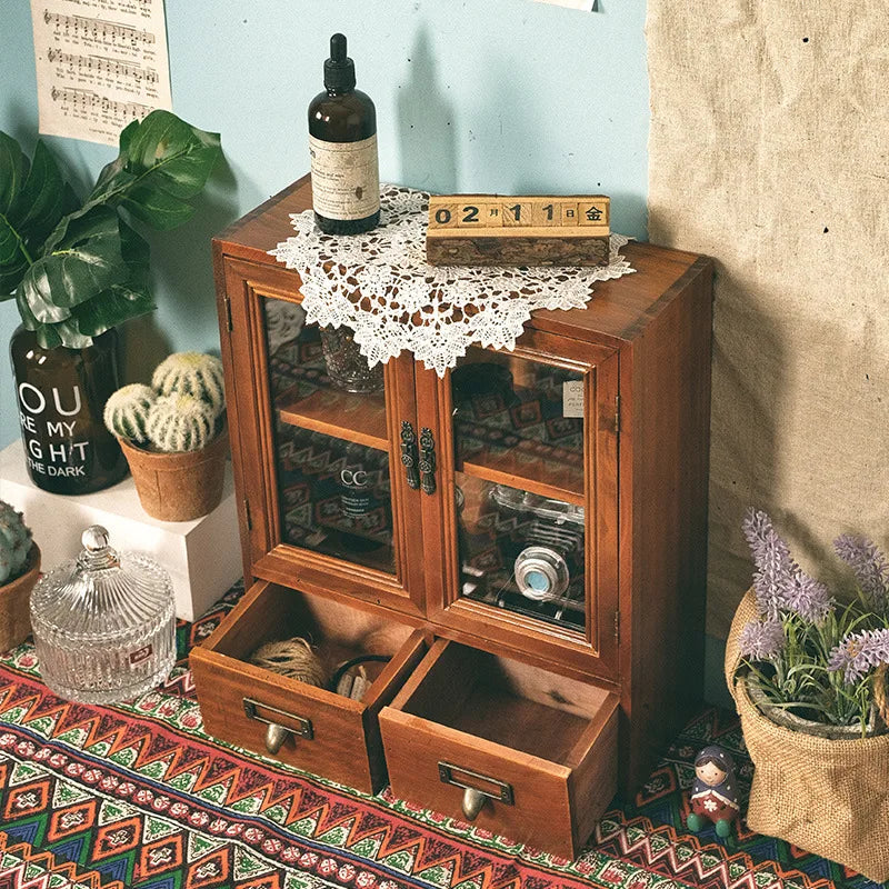 Nordic madeira maciça retro porta dupla armário de exibição diversos cosméticos armário de armazenamento gaveta caixa de armazenamento de mesa