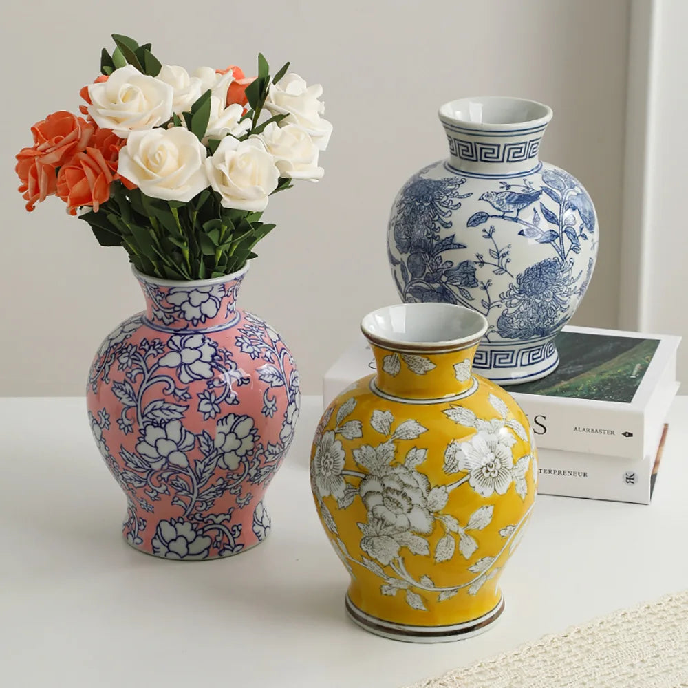 Vaso vintage chinês de porcelana azul e branca, vaso de cerâmica artesanal, garrafa de porcelana, vaso de flores, acessórios de decoração para casa
