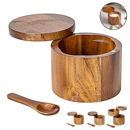 Adega de Sal de Madeira de Acácia com Tampa Giratória e Colher