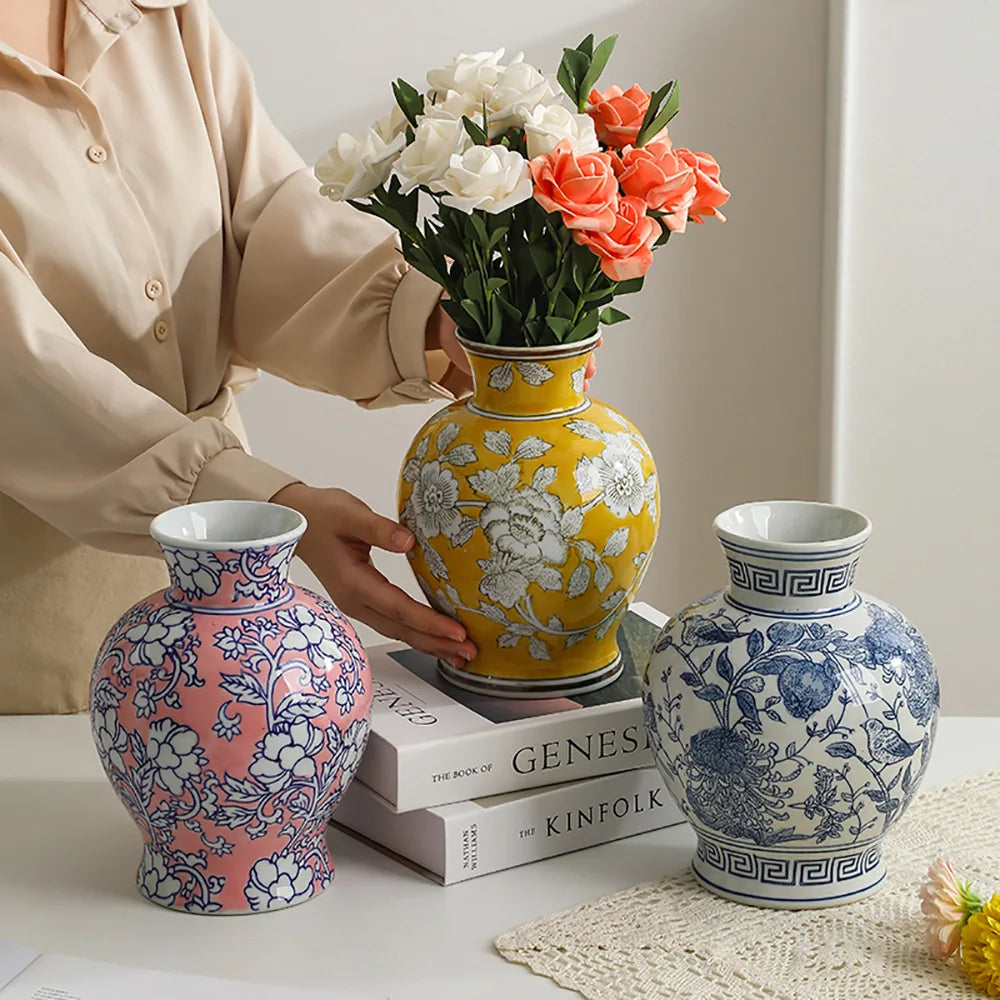 Vaso vintage chinês de porcelana azul e branca, vaso de cerâmica artesanal, garrafa de porcelana, vaso de flores, acessórios de decoração para casa