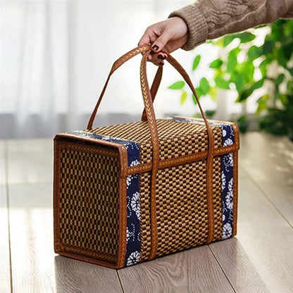 Cesta De Tecido De Piquenique De Bambu Dobrável, Saco De Armazenamento De Vime, Lidar Com Cesta De Grama Do Rattan