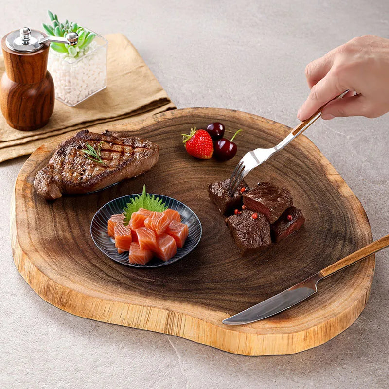 Bandeja de servir de madeira maciça natural com grão exclusivo artesanal placa de bife de madeira irregular placa de corte restaurante ferramentas de cozinha