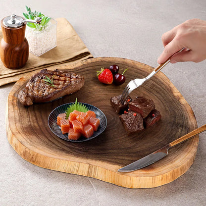 Bandeja de servir de madeira maciça natural com grão exclusivo artesanal placa de bife de madeira irregular placa de corte restaurante ferramentas de cozinha