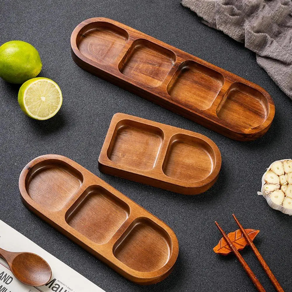 Bandeja de servir dividida de madeira, prato de condimentos, pratos de molho com vários compartimentos para lanches, aperitivos, doces de frutas, pratos de madeira elegantes