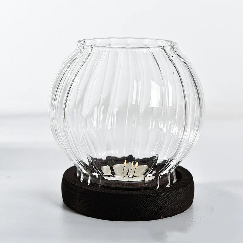 Castiçal de vidro transparente, candelabro retrô redondo oco à prova de vento, decorações de mesa de jantar para festa de casamento