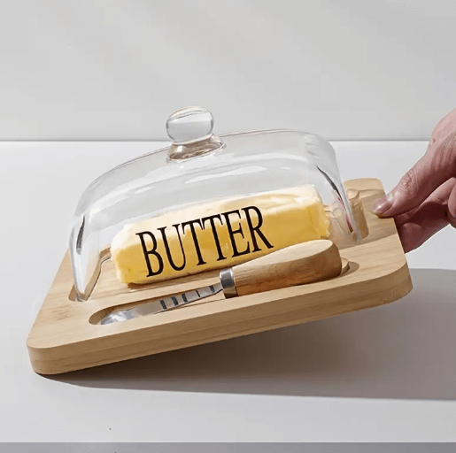 Prato de Manteiga em Bambu com Tampa de Vidro