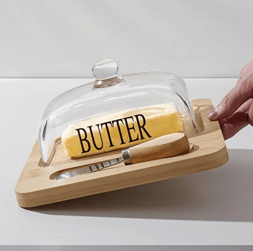 Prato de Manteiga em Bambu com Tampa de Vidro