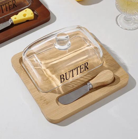 Prato de Manteiga em Bambu com Tampa de Vidro