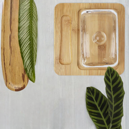 Prato de Manteiga em Bambu com Tampa de Vidro
